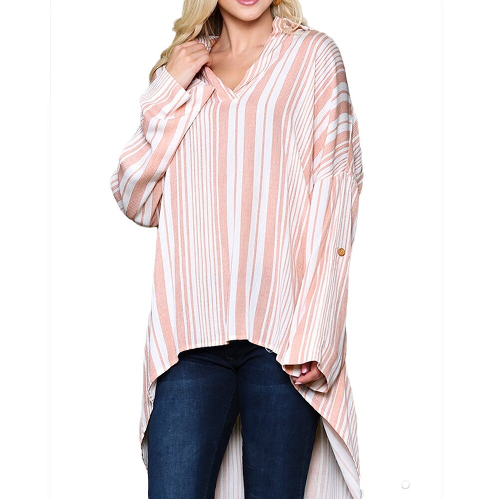 GIGIO Rayon Relax Oversize Striped Collar vNeck Long Sleeve Salmon Pink Shirt